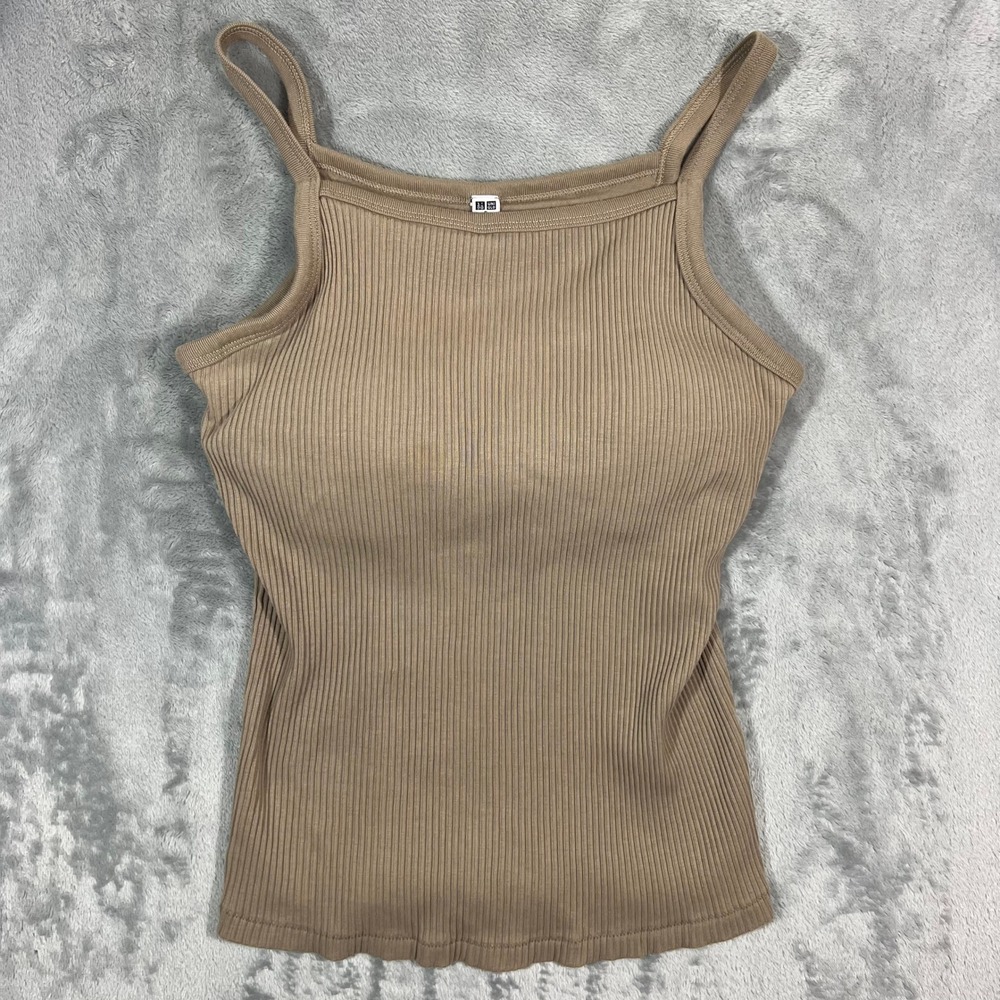 Uniqlo Square Neck Camisole Bra Top Womens S Tan Ribbed 271-485707 Athleisure